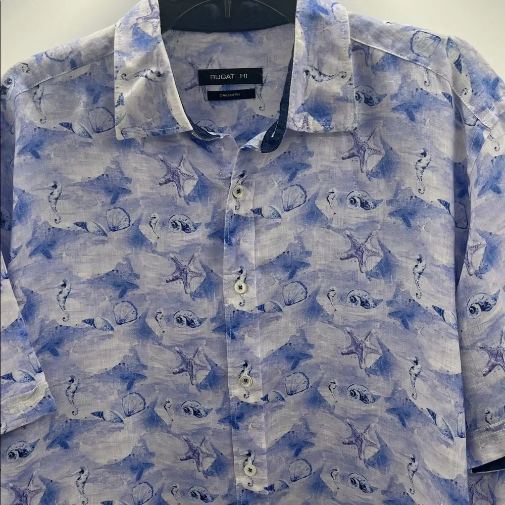 Bugatchi Shaped Fit Men's Linen Blue Sea Life Short Sleeve Shirt